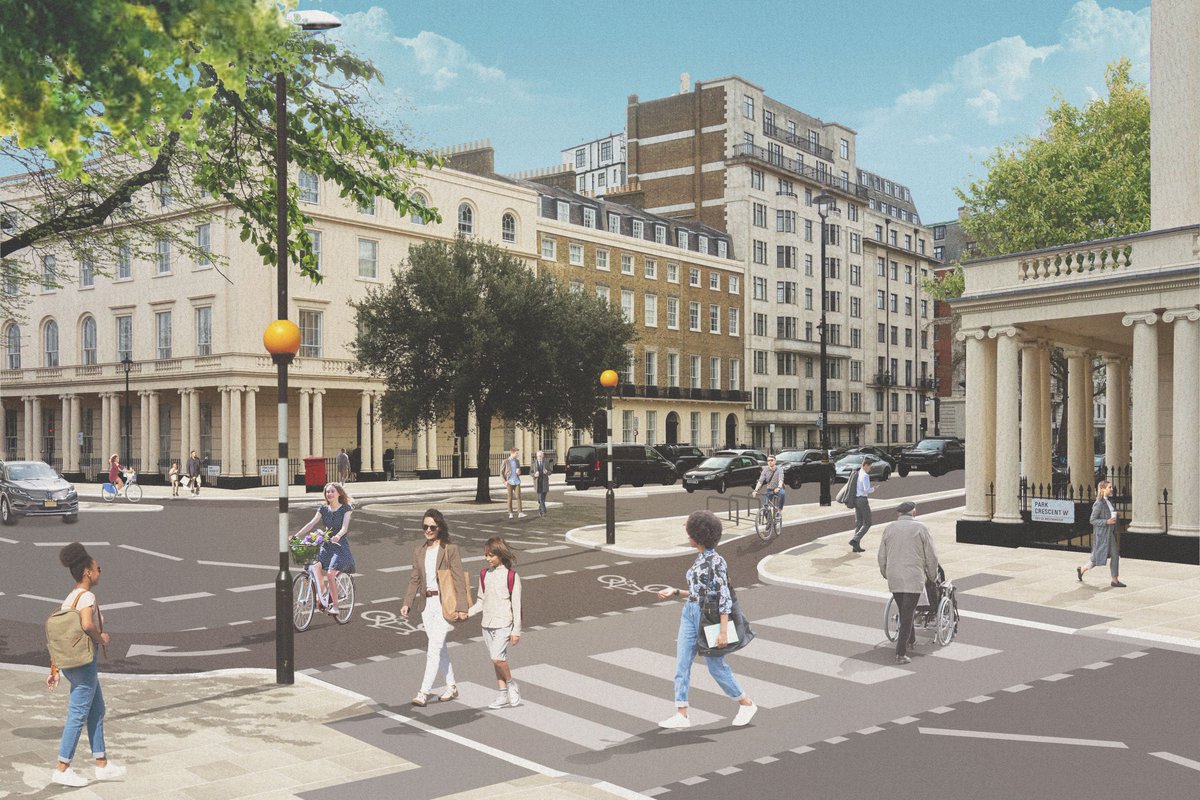 We're delighted to see these plans for Portland Place from @CityWestminster! Cycle lanes protected by kerbs or car parking, new crossing, safe design around bus stops - joining Regents Park to Regent Street 🚶‍♀️👨‍🦽🚲 Check out, comment & support 👇 cmsportlandplace.commonplace.is