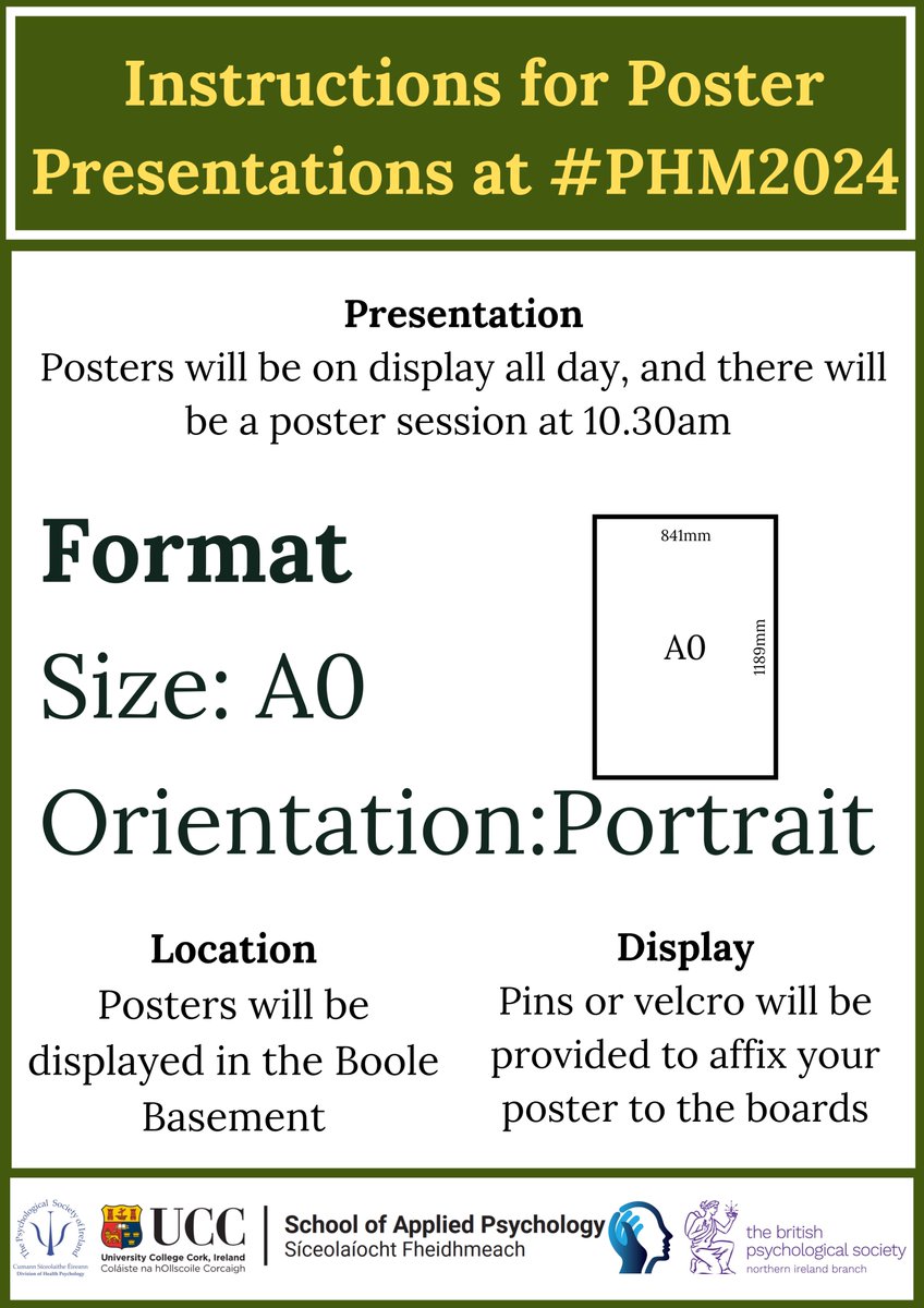 Attention #PHM2024 presenters! 📢 Prepare your poster designs for maximum impact! A0 size, portrait orientation, we'll provide pins or velcro for setup. Posters will be on display for the entire day, and there is also a poster session at 10.30am! 🌟 ucc.ie/en/phm/present…
