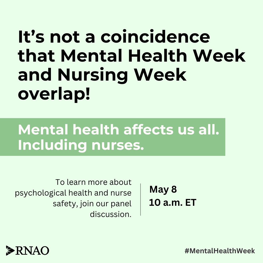 Nurses are humans, too. Join us today at our Courage Amidst Crisis webinar at 10 a.m. ET and understand impacts of stress, strain, its implications — and the way forward based on evidence and a commitment to action. Free to register: RNAO.ca/events/courage… #MentalHealthWeek