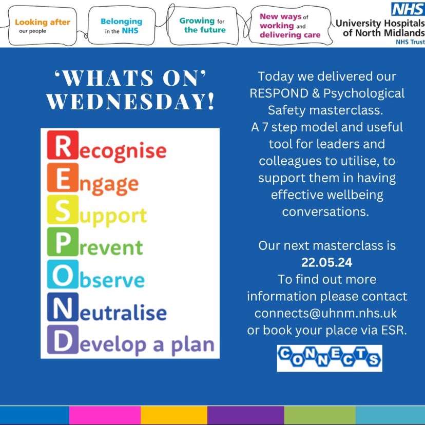 A fantastic RESPOND masterclass this morning with a group of leaders from across the organisation, building their understanding of effective well-being conversations 🤩 💚Please note: Mental Health Awareness week 13-19th May 2024💚 #whatsonwednesday #odci #uhnm #silverconnects