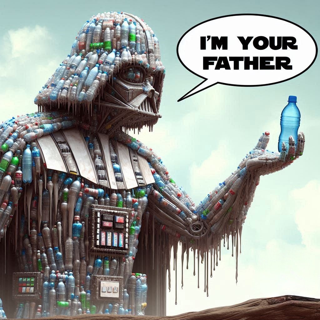 Prompt : the plastic bottles shaped like Darth Vader saying to a small bottle, 'I'm your father.'
#BingCreator #PlasticWaste #플라스틱 #미세플라스틱 #환경 #environment