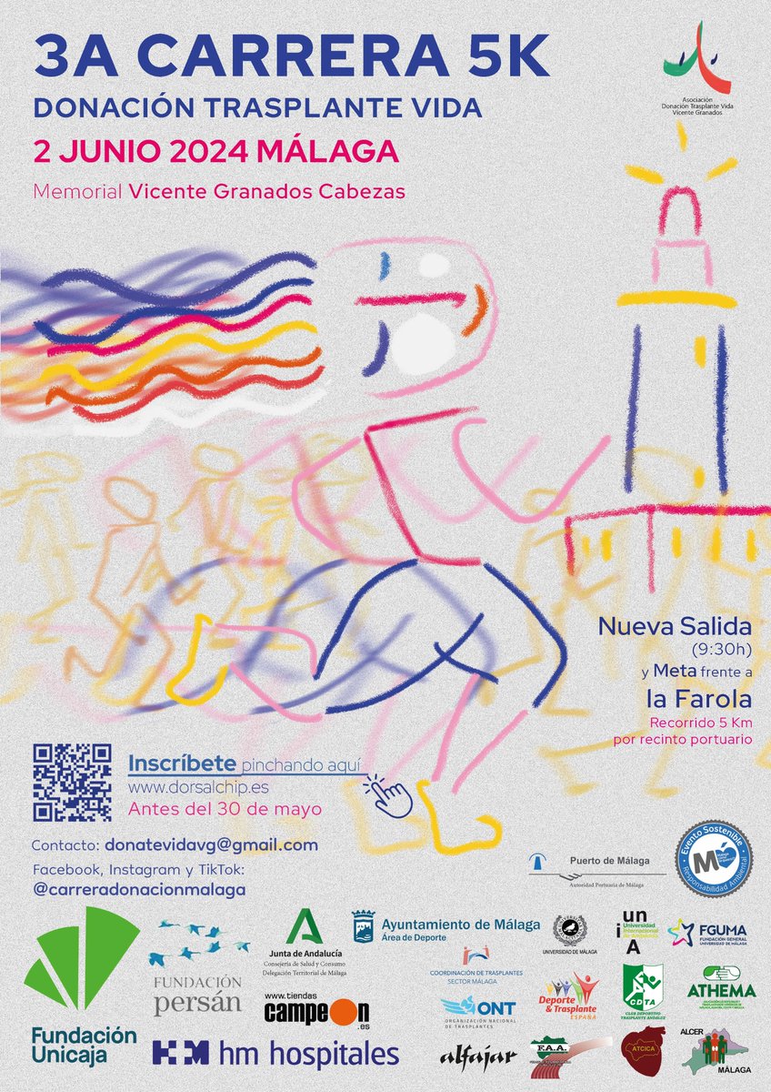 🏃 El 2 de junio, en el recinto portuario de #Málaga, no te pierdas la III Carrera Solidaria Donación Trasplante Vida, memorial Vicente Granados Cabezas. 👉 Inscripciones ya disponibles: dorsalchip.es/carrera/2024/6… Con la colaboración de la UMA y la @fguma.