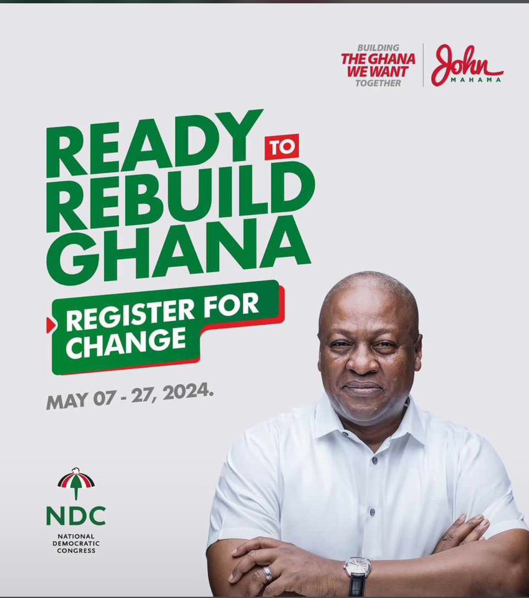 Register for Change!!! Do it for Ghana

#JohnAndJane2024
#LetsBuildGhanaTogether
#Mahama24HourEconomy