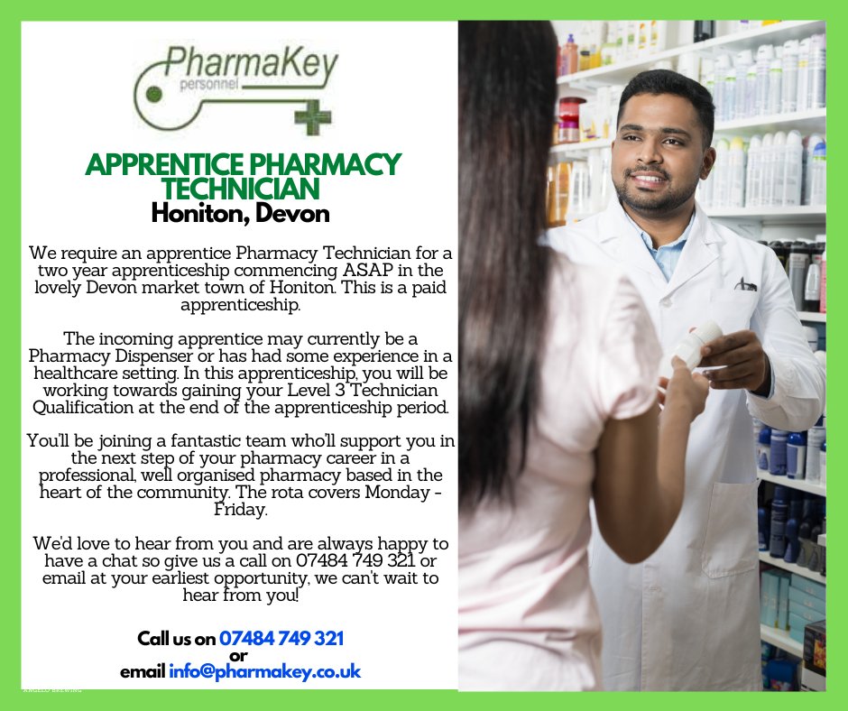 Are you a Dispenser or in a healthcare role and looking for the next stage of your pharmacy career? How does a 2 year paid Pharmacy Technician Apprenticeship sound? AND in beautiful Devon? 😀🌞
#pharmacyjobs  #ACT #apprenticeship #pharmacytechnician #devonjobs #healthcarejobs