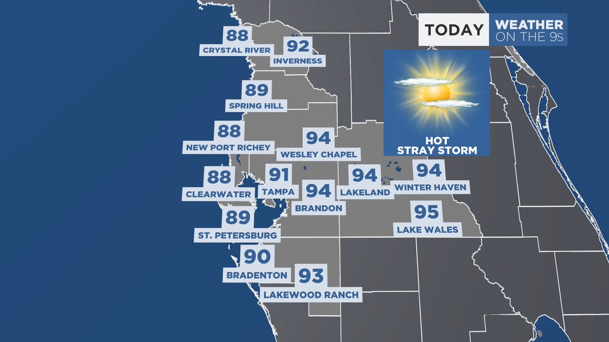 It's a warm and muggy morning across the Tampa Bay area. This afternoon, highs will be in the upper 80s to mid 90s. It's cooler at the coast with the sea breeze today.