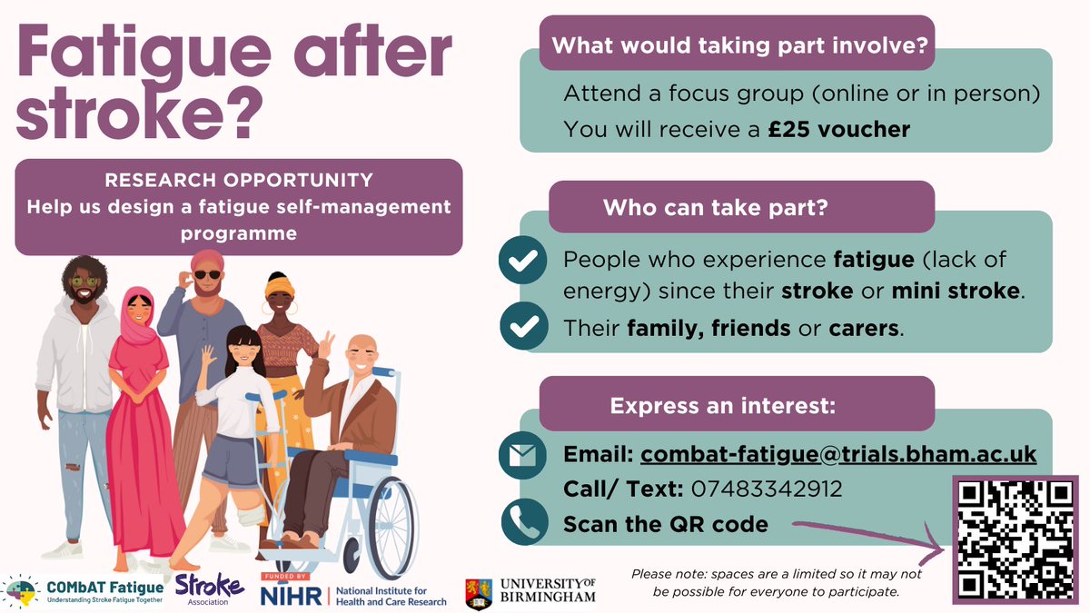 🧠 😴 Have you, your family, experienced #fatigue (lack of energy) since #stroke or #MiniStroke? 👀We need your help to design a self-management programme 👥 💬 Join a focus group to share your experience Find out more & register bit.ly/3UI0oFY #StrokeAwarenessMonth