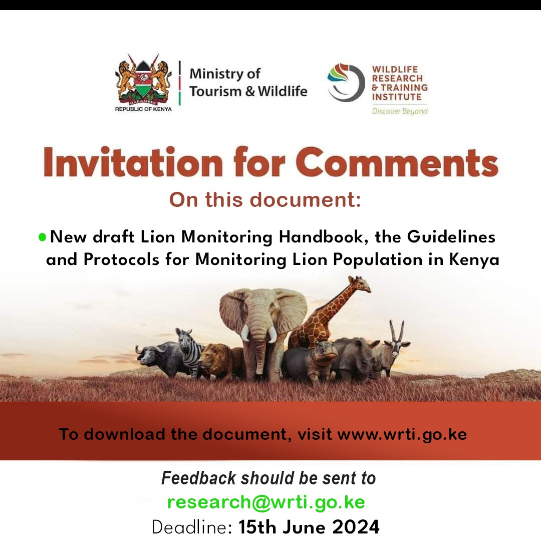 The Institute has developed a New Draft Lion Monitoring Handbook, the Guidelines and Protocol for Monitoring Lion Source Population in  Kenya to  standardize methods of lion census and help streamline data collection access and sharing among stakeholders.