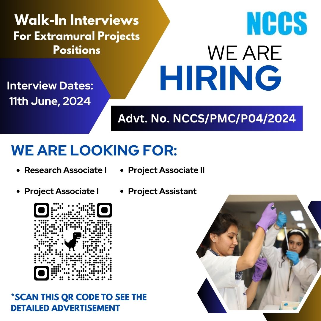 PLEASE NOTE: The DATE for walk-in interviews has been CHANGED to 11 June (it was earlier announced as 3 June). Please #apply as instructed in the #advertisement posted here: nccs.res.in/Career #research #project @DBTIndia @biotecnika