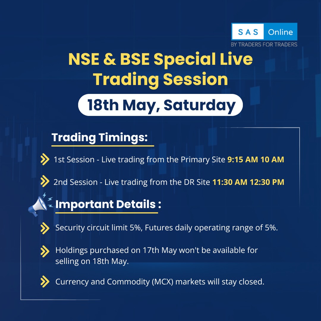 🚨 IMPORTANT UPDATE 🚨 Special Live Trading Session Scheduled on 18th May 2024, Saturday - Purpose: Evaluate market participants' readiness for unforeseen events. Trading Timings: 👉1st Session (Primary Site): 9:15 AM - 10:00 AM 👉2nd Session (DR Site): 11:30 AM - 12:30 PM