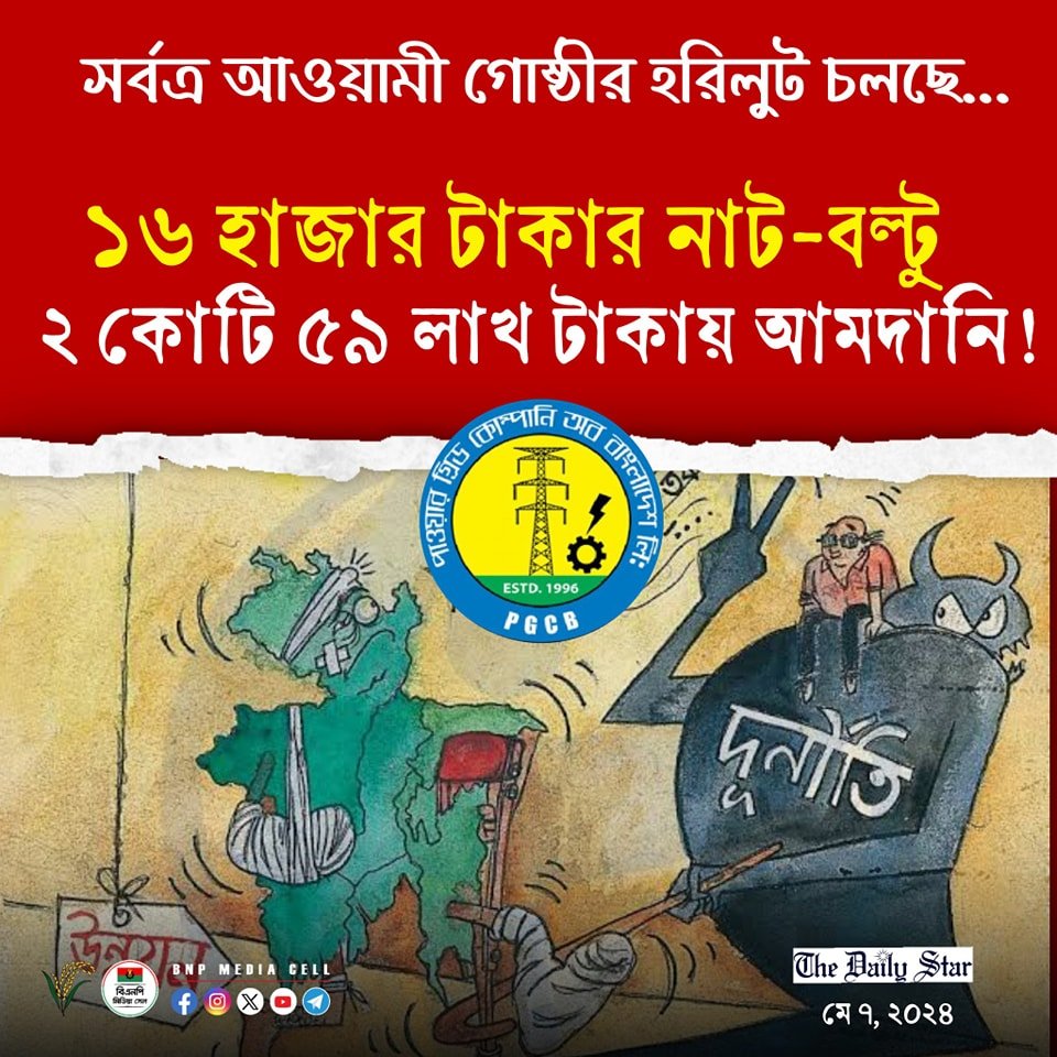 সর্বত্র আওয়ামী গোষ্ঠীর হরিলুট চলছে... ১৬ হাজার টাকার নাট-বল্টু ২ কোটি ৫৯ লাখ টাকায় আমদানি! ——— রাষ্ট্রীয় মালিকানাধীন পাওয়ার গ্রিড কোম্পানি অব বাংলাদেশ লিমিটেড (পিজিসিবিএল) ভারত থেকে টাওয়ারের জন্য ৬৮ কিলোগ্রাম বল্টু, নাট ও ওয়াশার আমদানি করেছে ২ লাখ ৩৯ হাজার ৬৯৫ ডলার দিয়ে,…