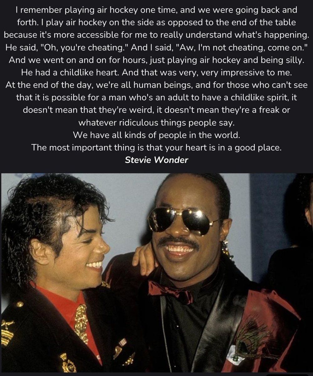 ' And for those who cant see that it is possible for a man who's an adult to have a childlike spirit, it doesnt mean that they're weird, it doesnt mean they're a freak or whatever ridiculous things people say'
- Stevie Wonder about Michael Jackson
#MichaelJackson