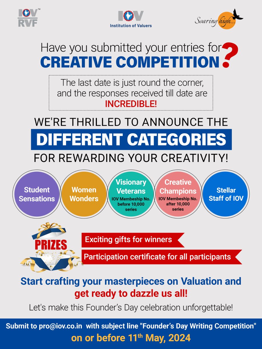 Time's running out and the deadline is just round the corner. Don't miss out! Submit your creative entries on Valuation and get a chance to win exciting prizes. Submit your entry to pro@iov.co.in before May 11, 2024. #SoaringHigh #IOVRVF #IOV #FoundersDay #valuation #valuers