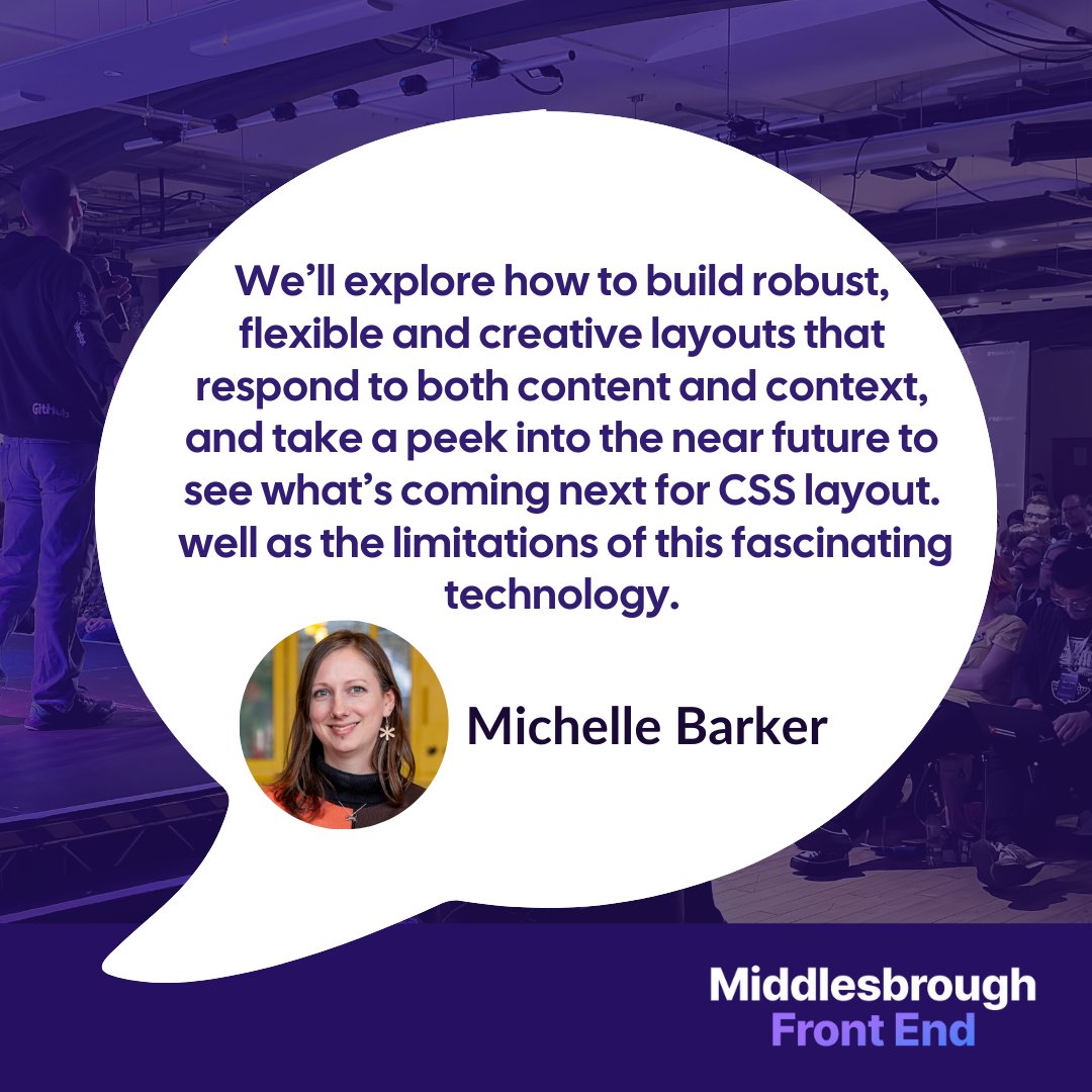 Get ready to be blown away by Michelle's talk! 🎉 She'll dive into the latest CSS features, from container queries to subgrid and the :has() pseudo class, unlocking new possibilities for robust and creative layouts. Don't miss out! 🎫 middlesbroughfe.co.uk