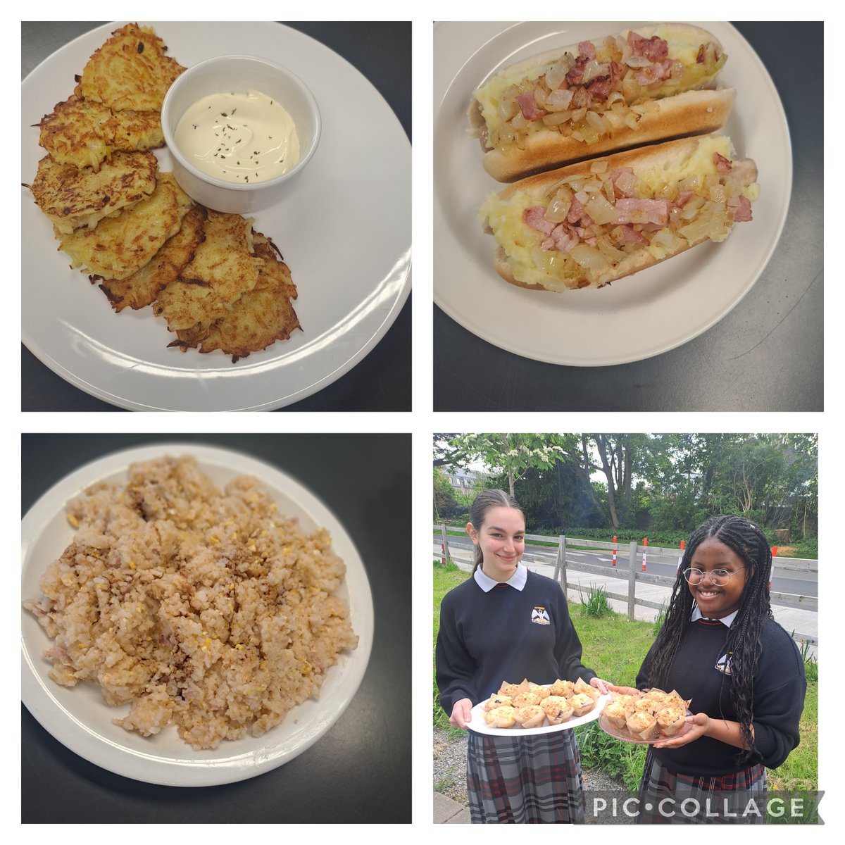Multicultural dishes made in Home Ec TY class this morning. Katrina made Draniki , Potato Pancakes . Giovanni made Dogao, Brazilian Hot Dogs. Yucheng and Daniel made Bacon and Egg fried Rice .  Thanks also to Emilia and Alicia who made Blueberry Muffins for Parents Coffee Morning