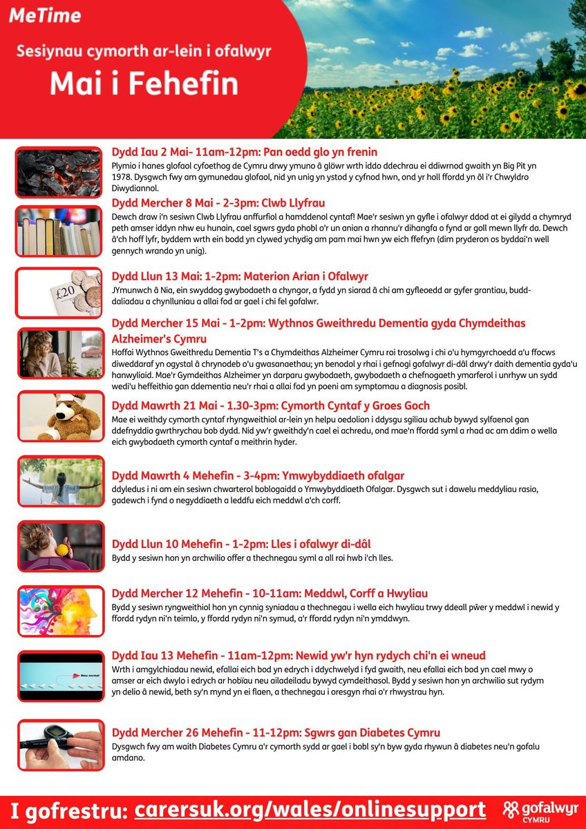 CarersWales's tweet photo. May &amp; June's Me Time sessions are free and accessible remotely. Check out the line up, there's something for everyone! 

https://t.co/DpQZrg3FMg https://t.co/2YnTeYWUU8