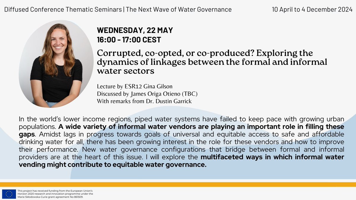 🗓️ 22 May • 4PM CEST
🤝 'Corrupted, co-opted, or co-produced? Exploring the dynamics of linkages between the formal and informal water sectors' with NEWAVE ESR @ginagilson.
📚3rd session of the “Next Wave of #WaterGovernance”

🔗Register here: vu-live.zoom.us/webinar/regist…