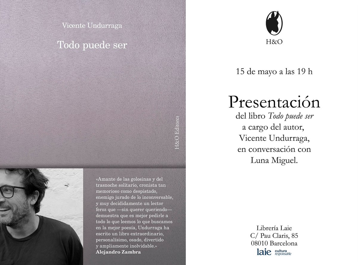 Vicente Undurraga estará en Barcelona del 14 al 18 de mayo. El miércoles 15 presentaremos 'Todo puede ser' en @laietana con Luna Miguel (@lunamonelle). #TodoPuedeSer #VicenteUndurraga