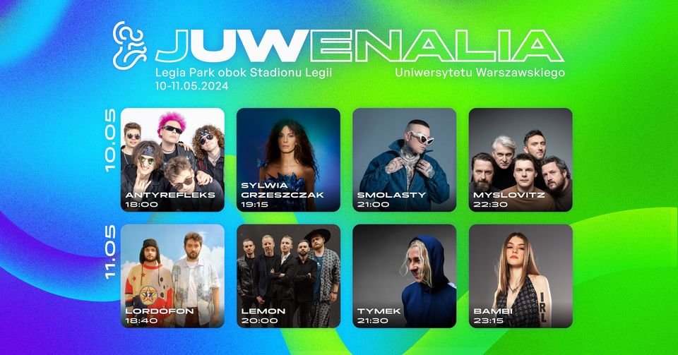 Już w piątek startują Juwenalia – doroczne muzyczne święto studentów #UW! Festiwal rozpocznie się od występu zespołu Antyrefleks – zwycięzcy programu muzycznego dla zespołów i solistów Stage4YOU, organizowanego przez telewizję studencką Uniwerek TV. 🔗uw.edu.pl/juwenalia-2024/