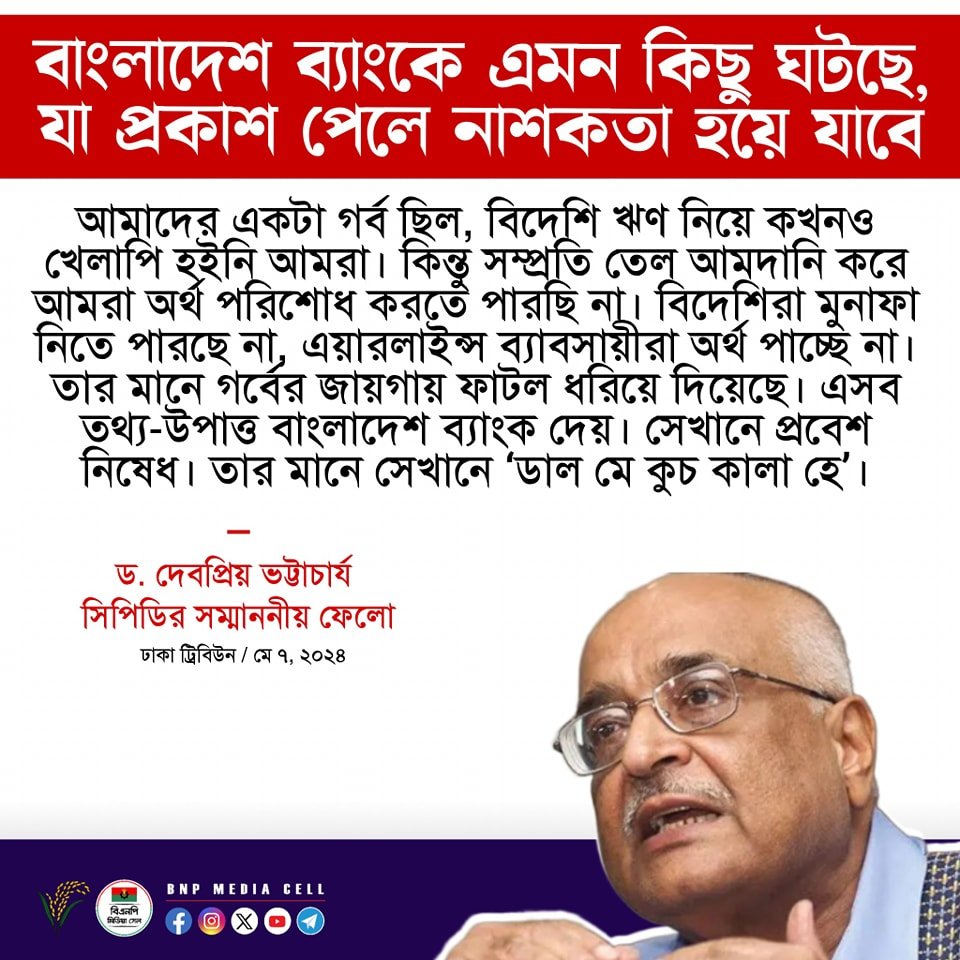 বাংলাদেশ ব্যাংকে এমন কিছু ঘটছে, যা প্রকাশ পেলে নাশকতা হয়ে যাবে “আমা‌দের একটা গর্ব ছিল, বি‌দে‌শি ঋণ নি‌য়ে কখ‌নও খেলা‌পি হইনি আমরা। কিন্তু সম্প্রতি তেল আমদা‌নি ক‌রে আমরা অর্থ প‌রি‌শোধ কর‌তে পার‌ছি না। বি‌দে‌শি‌রা মুনাফা নি‌তে পার‌ছে না, এয়ারলাইন্স ব্যাবসায়ীরা অর্থ পা‌চ্ছে না।…