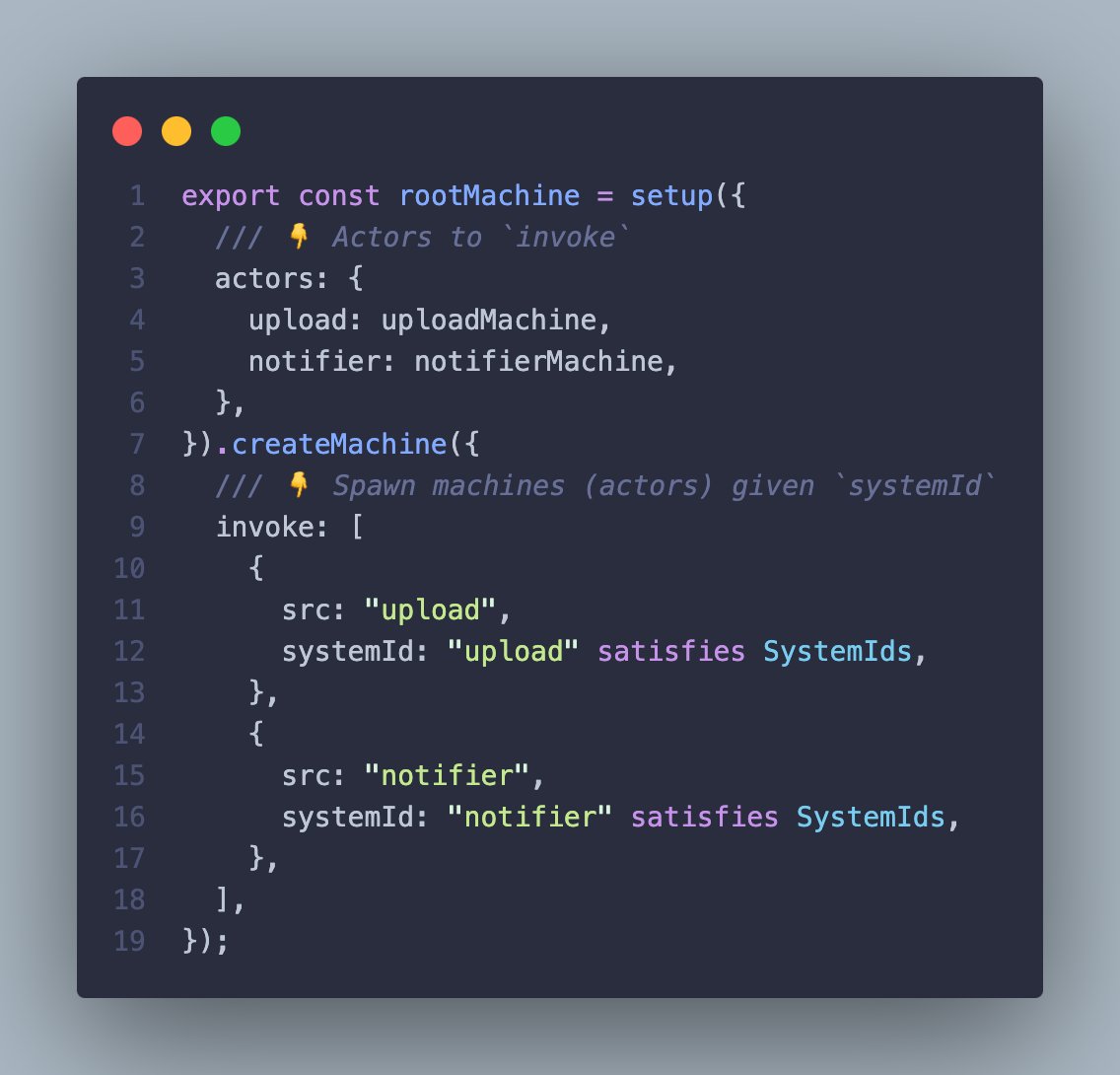 Complete actor system in XState with the receptionist pattern @statelyai 🔥 👉 Invoke actors with `systemId` 👉 Send events using `sendTo` 👉 Respond to events in target actor Organize any logic by sending events between actors 🚀