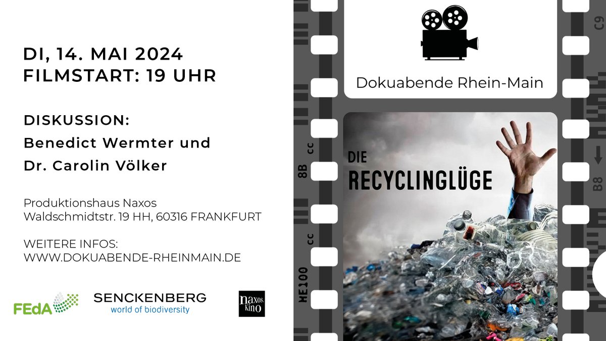 🎥Gerade einmal sieben Prozent des Plastikmülls werden wiederverwendet: @KinoNaxos zeigt in der Reihe #DokuabendeRheinMain „Die Recycling-Lüge“ und diskutiert im Anschluss mit Benedict Wermter und Dr. Carolin Völker vom ISOE. 🌐dokuabende-rheinmain.de #recycling