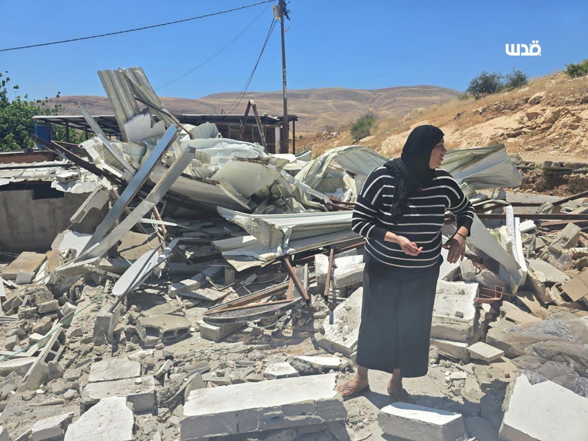 Israeli occupation bulldozers destroy a Palestinian house in the village of Furush Beit Dajan, located northeast of Nablus in the occupied West Bank, today.