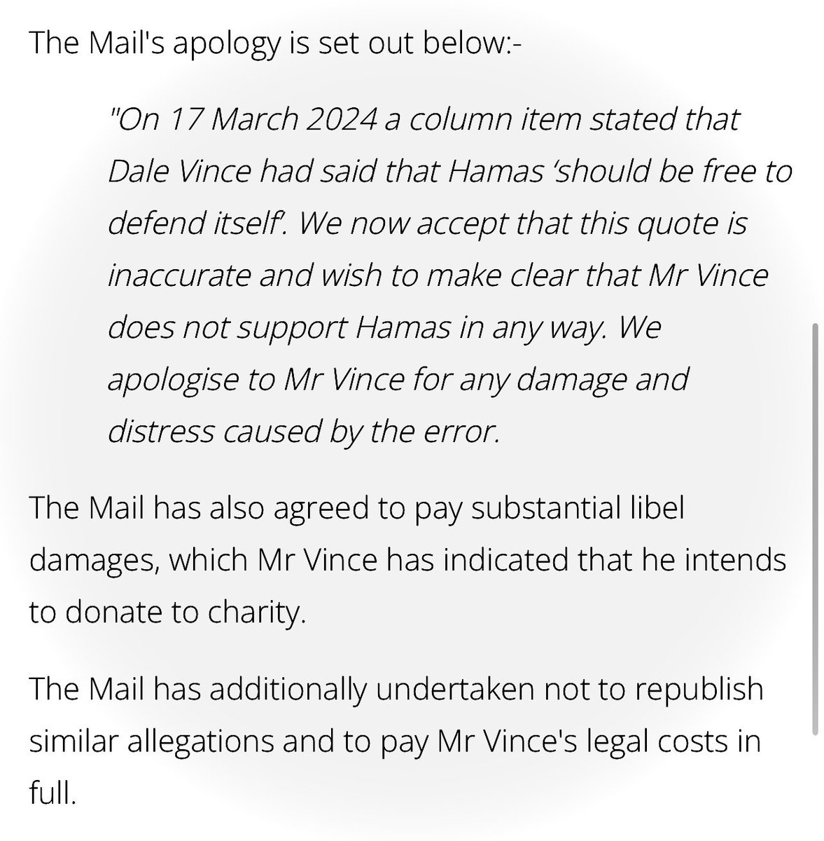 BREAKING Daily Mail apologises to Dale Vince @DaleVince and pays him substantial damages after Andrew Pierce @toryboypierce libelled him. Dale will donate it to charity. @DailyMailUK and their Tory led smear campaigns! Even Wikipedia won't accept Mail as valid reference
