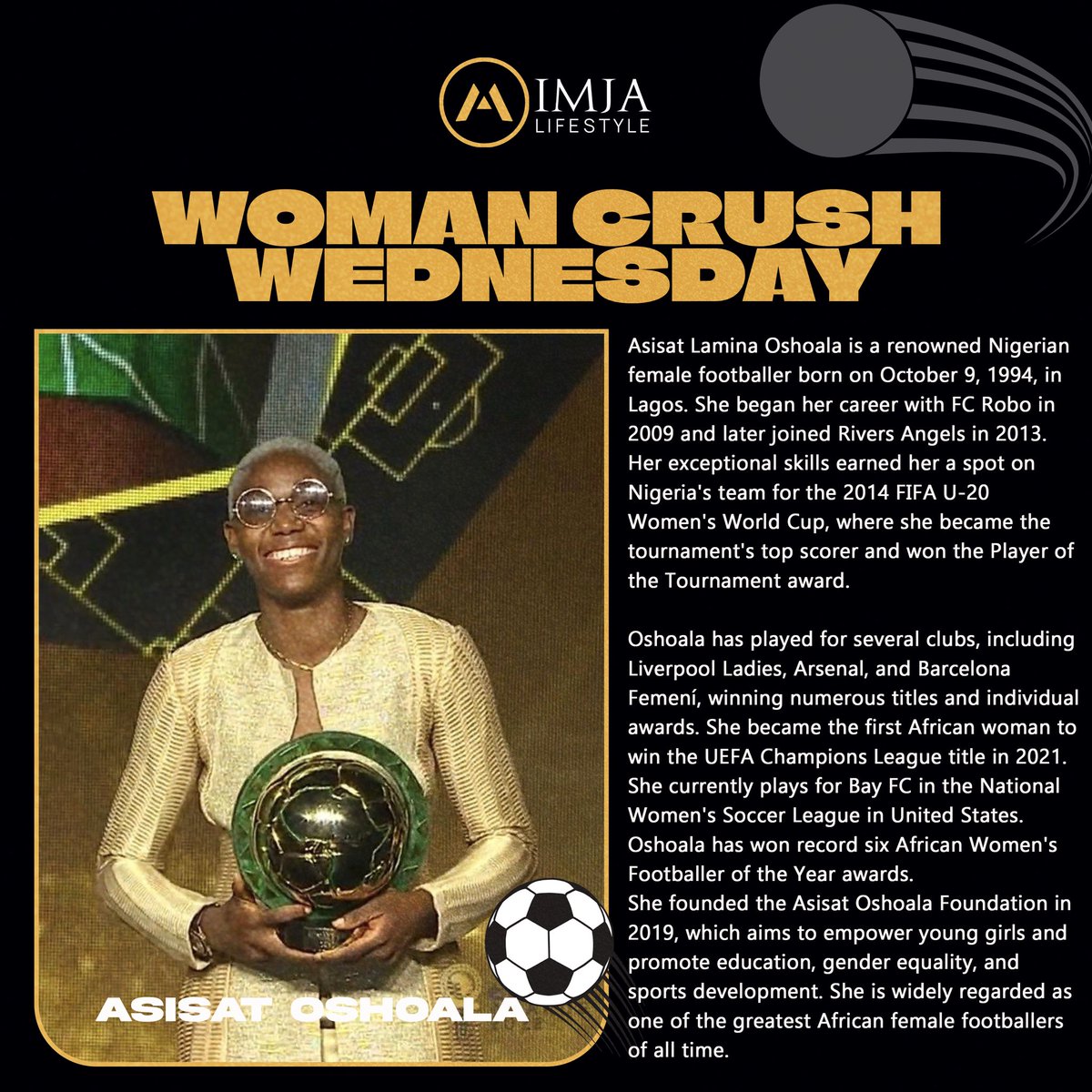 IMJA_SPORTNEWS's tweet photo. Presenting our Woman Crush Wednesday, the one and only @AsisatOshoala ❤️

An icon when it comes to Africa football and the world at large 👏👏❤️, a legend in the making. Always making us proud ❤️

#asisat #sports #imjalifestyle https://t.co/tWyqUwIw2b