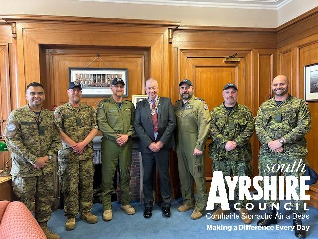 South Ayrshire Provost Iain Campbell welcomed the new Canadian Armed Forces Major Bowering, his team, and the outgoing Major Marrin to County Buildings, Ayr on Tuesday 7 May.