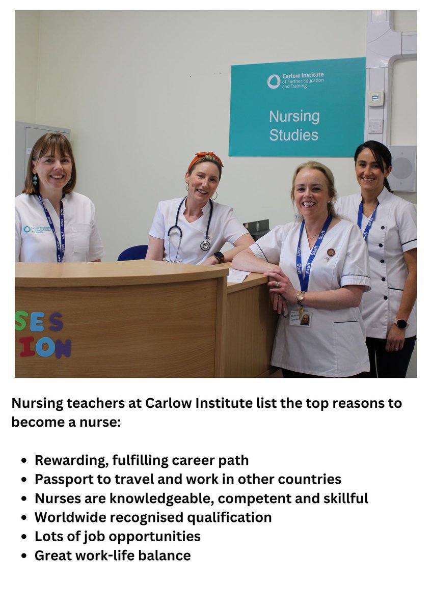 Interested in a career in nursing??. Check out our Nursing Studies course @carlowinstitute .
@KCETB_FET @KCETB_Schools @KCETB_QA @coursesdotie @Findacourse @ThisisFet @ETBIreland @SouthEastCH @HSELive @SETU_Global @Carlow_Co_Co @CarlowLibraries @Carlowlive1 @CareersPortal