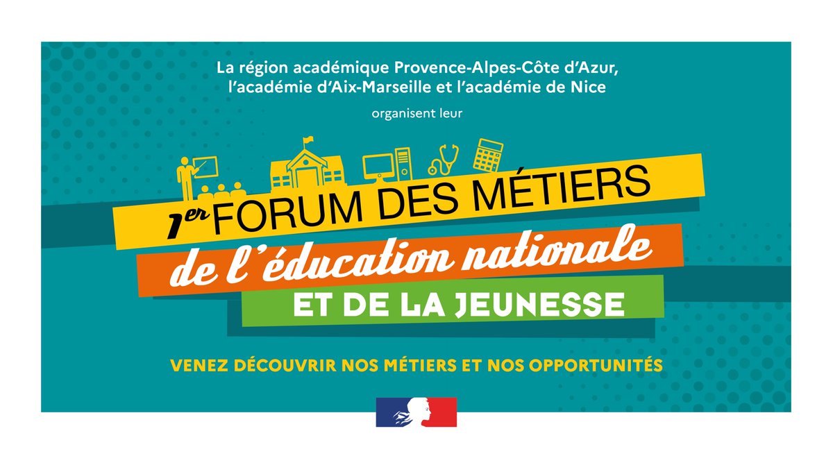 La @RegionAcPaca, l’@AcAixMarseille et l’@AcademieNice organisent un forum des métiers les 31 mai et 1er juin 2024 dans les locaux d’Aix-Marseille Université à Aix-en-Provence : conférences, témoignages, stands... Retrouvez le programme 👉ac-aix-marseille.fr/1er-forum-des-…