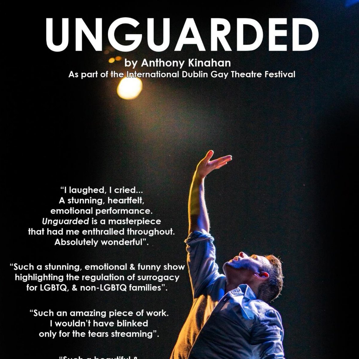 #UNGUARDED (developed by @anthonykinahan during his time as our Artist in Association) comes to the Teacher’s Club, Parnell Sq 7.30pm from 9-11 May as part of the International Dublin @GayTheatre
Festival.
#IDGTF
Booking: gaytheatre.ie/shows/unguarde…
@artscouncil_ie
@IrishTheatreIns