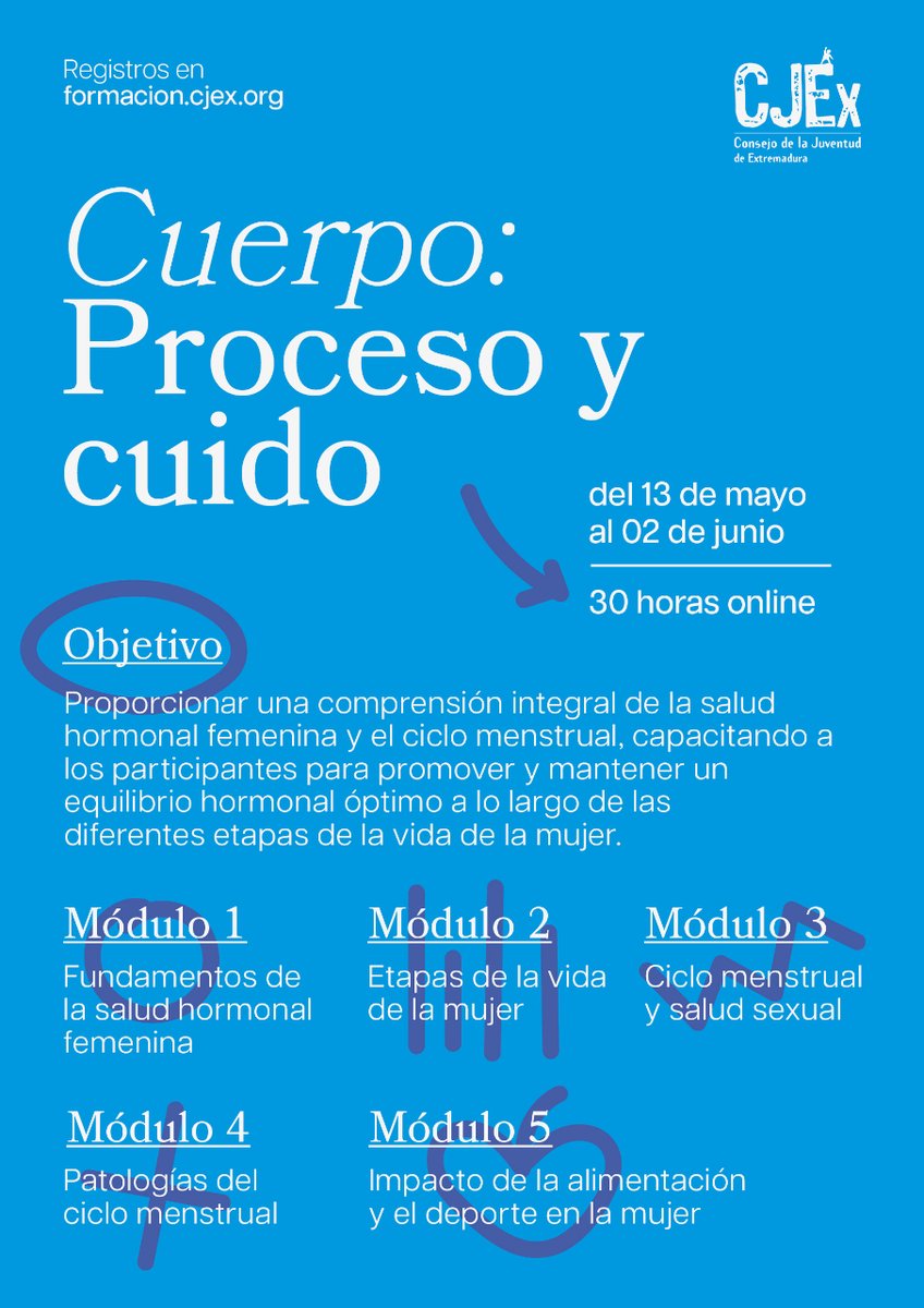 '🌟 ¡Atención jóvenes de Extremadura! 🌟 No te pierdas nuestro curso online sobre 'El Cuerpo: Proceso y Cuido'. Descubre todo sobre salud hormonal, ciclo menstrual, y más. 🗓️ 13 mayo - 2 junio. ¡Inscríbete ya en cjex.org/cuerpo-proceso… ! 📝 #Formación #Extremadura'