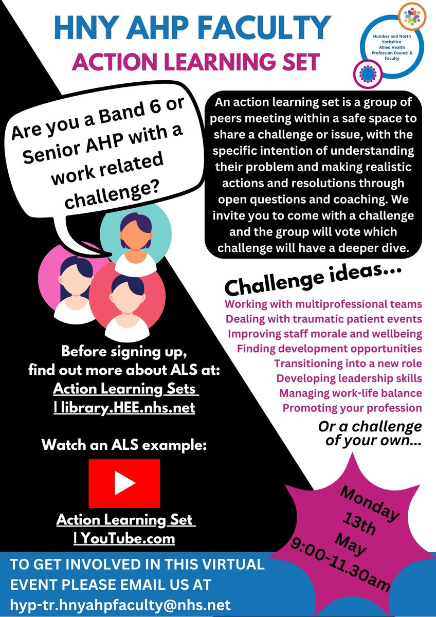 hnyahpfaculty's tweet photo. ***Calling all Senior/Band6 AHPs*** 
We need one more person to fill our ALS next Monday. ALS is a great platform to present a work related challenge. Email Anna or Keiley at hyp-tr.hnyahpfaculty@nhs.net for more information https://t.co/r4GYwZAu10