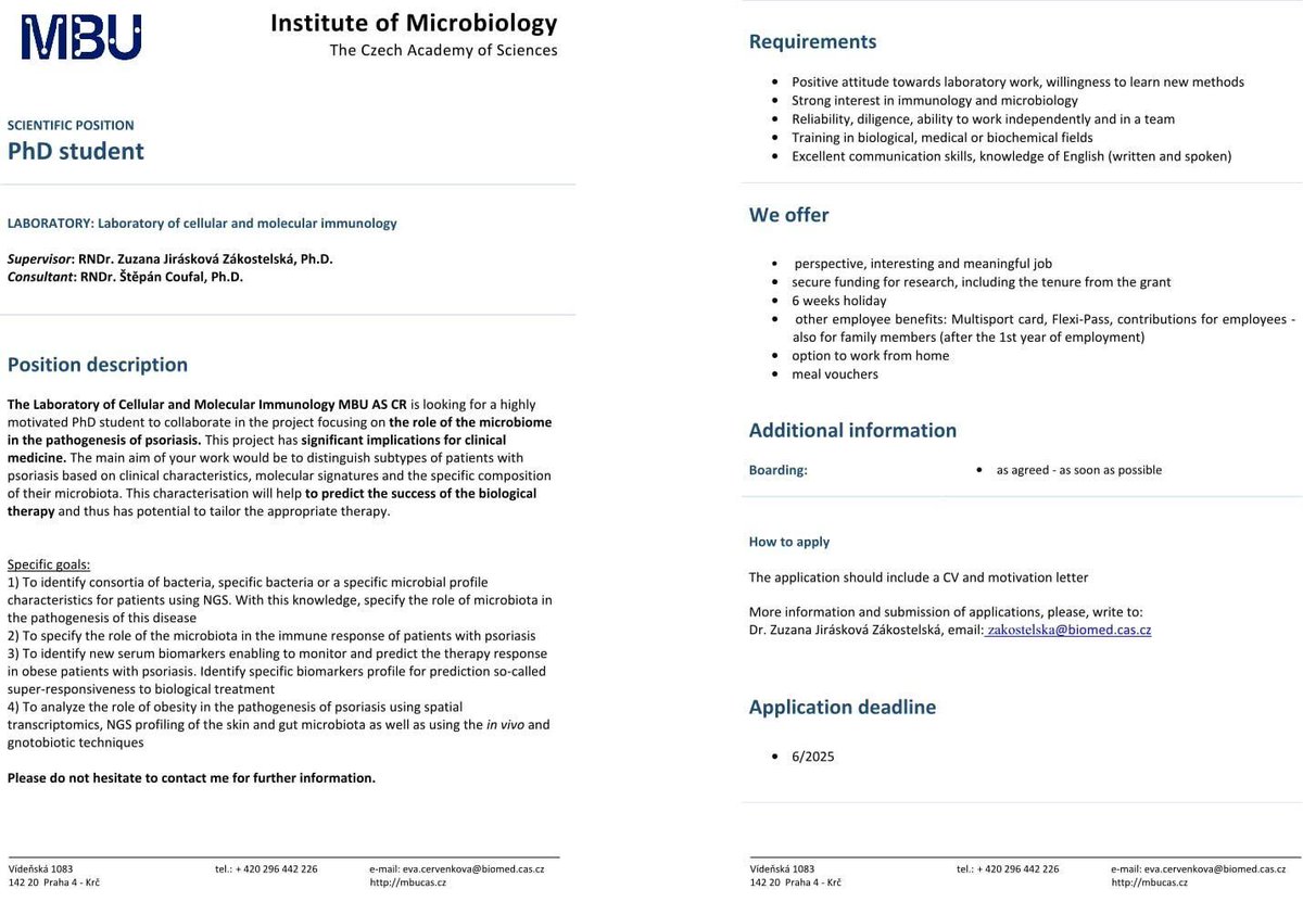 🔍 Exciting PhD Opportunity in Prague! 👉 Join the Laboratory of Cellular and Molecular Immunology MBU AS CR in exploring the role of the microbiome in psoriasis pathogenesis. Contribute to groundbreaking research in clinical medicine. Apply now! 🚨 euraxess.cz/jobs/230699