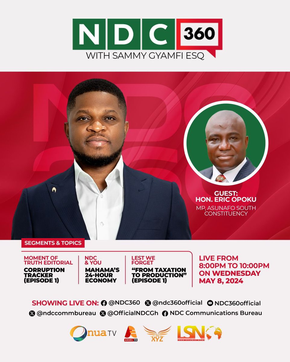The maiden Edition of the much-anticipated  NDC 360 show comes off today at 8pm prompt. 

Hon. Eric Opoku is my guest on the NDC &amp; You segment. 

You can watch on our NDC360 pages on Facebook, YouTube and X (Twitter). 

You may also watch on Angeltv Gh, Onua TV, TV XYZ, WoezorTV