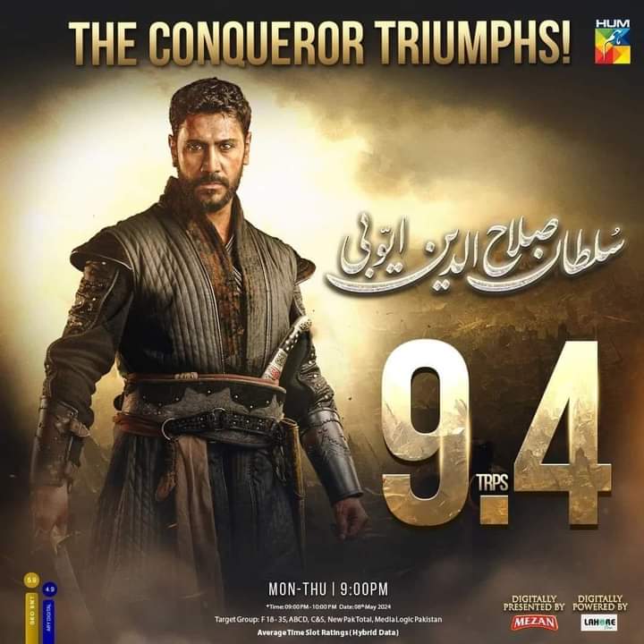 The Conqueror Triumphs 🔥 #SultanSalahuddinAyyubi Starting on a Gigantic Note 💥 (9.4 TRPs)
#Mehroom (5.9 TRPs) 
#Khudsar (4.9 TRPs)