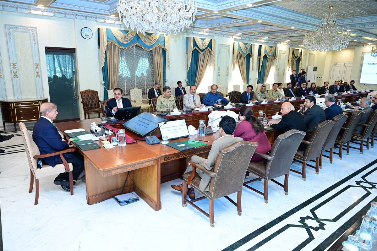 Prime Minister Muhammad Shehbaz Sharif chairs a sectoral briefing regarding NAVTTC and Ministry of Overseas Pakistanis and Human Resource Development in Islamabad on 8th May 2024.