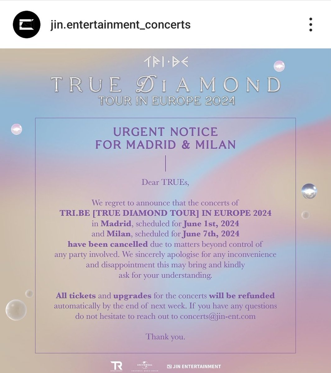 El concierto de #TRIBE en Madrid ha sido cancelado.

@JinEnt_  hará el reembolso de todas las entradas para finales de la próxima semana