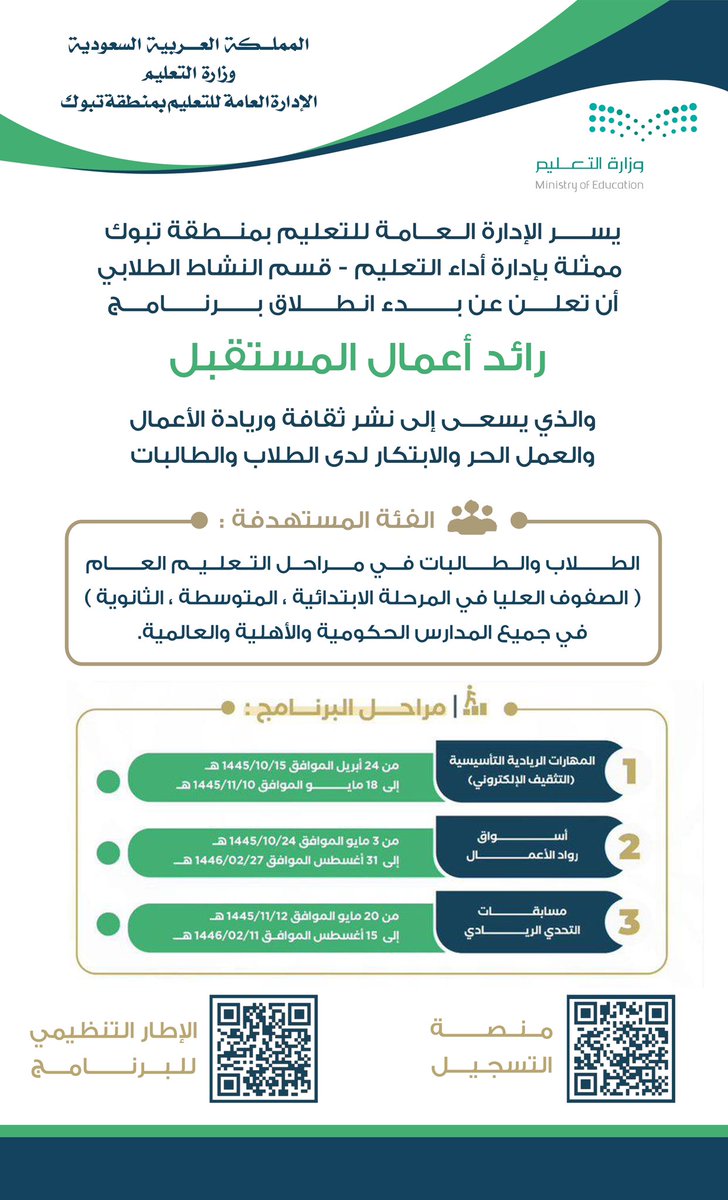 يعلن #تعليم_تبوك - الشؤون التعليمية - إدارة أداء التعليم - قسم النشاط الطلابي-  عن انطلاق برنامج #رائد_أعمال_المستقبل والذي يسعى إلى نشر ثقافة وريادة الأعمال والعمل الحر والابتكار لدى الطلاب والطالبات في جميع مراحل التعليم العام في المدارس كافة.