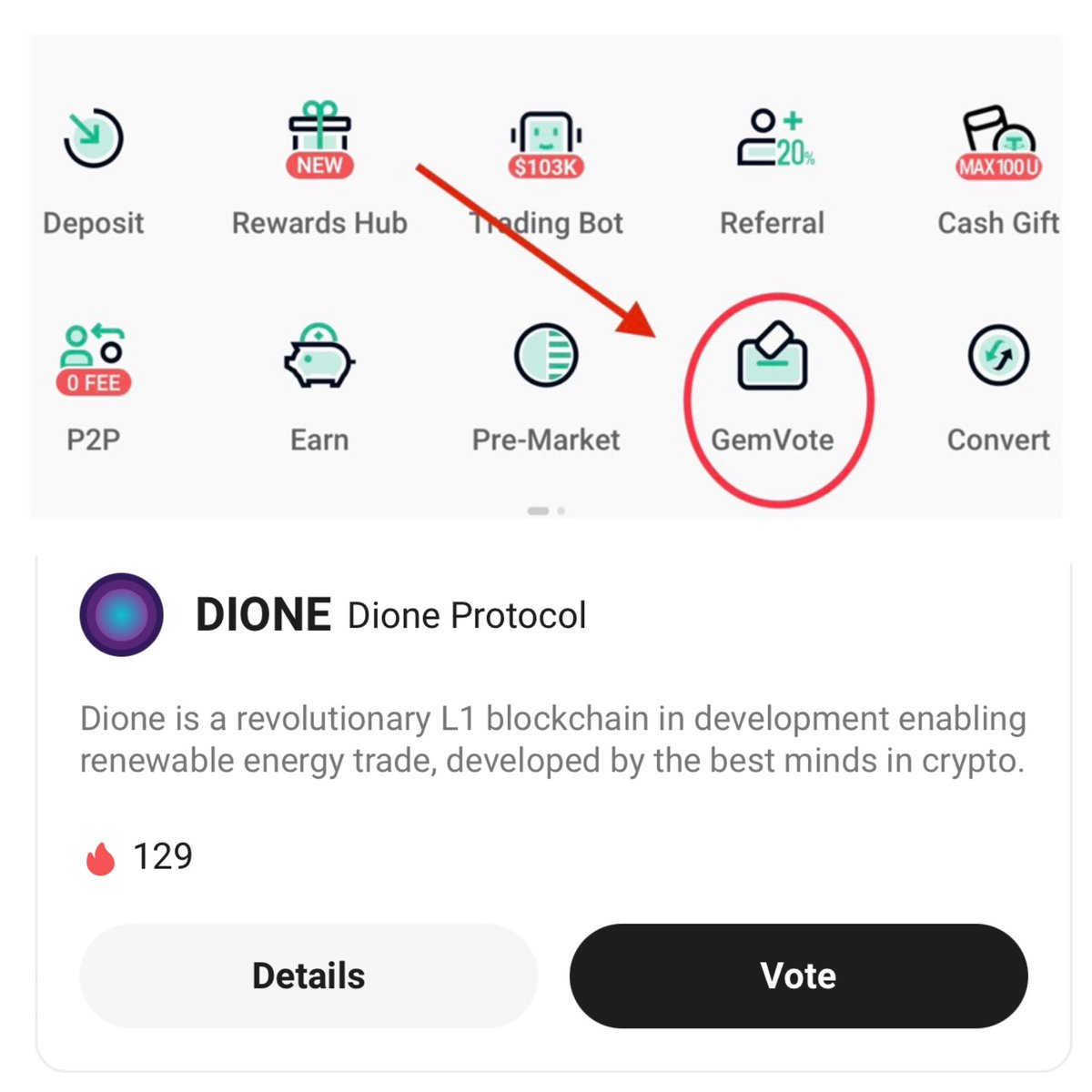Cryptofutu4759's tweet photo. VOTEZ 🗳 POUR QUE $DIONE SOIT LISTE SUR #KuCoin

 1. Connectez-vous à votre compte KuCoin

 2. Cliquez sur Accueil

 3. Cliquez sur GemVote

 4. Faites défiler vers le bas, cliquez sur plus

 5. Vous verrez $DIONE

 #Crypto #Btc  @DioneProtocol @lyu_johnny @kucoincom https://t.co/ACwmqdZfTG