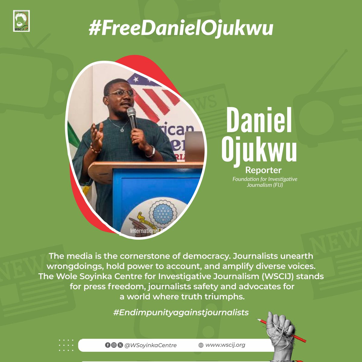Journalism is not a crime.

Today makes it day 8 that <a href="/Mazi_OJD/">Daniel Ojukwu (OJD)</a> of <a href="/fijnigeria/">Foundation for Investigative Journalism (FIJ)</a>.  His continued incarceration is worrisome.

The impunity against journalists must stop.

#FreeDanielOjukwuNow 
#FreeDanielOjukwu
#EndImpunityAgainstJournalists 

<a href="/BenHundeyin/">CSP Benjamin Hundeyin</a> <a href="/PoliceNG/">Nigeria Police Force</a> <a href="/OfficialDSSNG/">Department of State Services (DSS)</a>