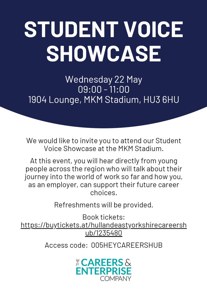 We're inviting all employers 🚨 Come hear directly from young people across the region who will talk about their journey into the world of work & how you can support their future career choices. Book tickets: buytickets.at/hullandeastyor…. Access code: 005HEYCAREERSHUB @HOP_Humber