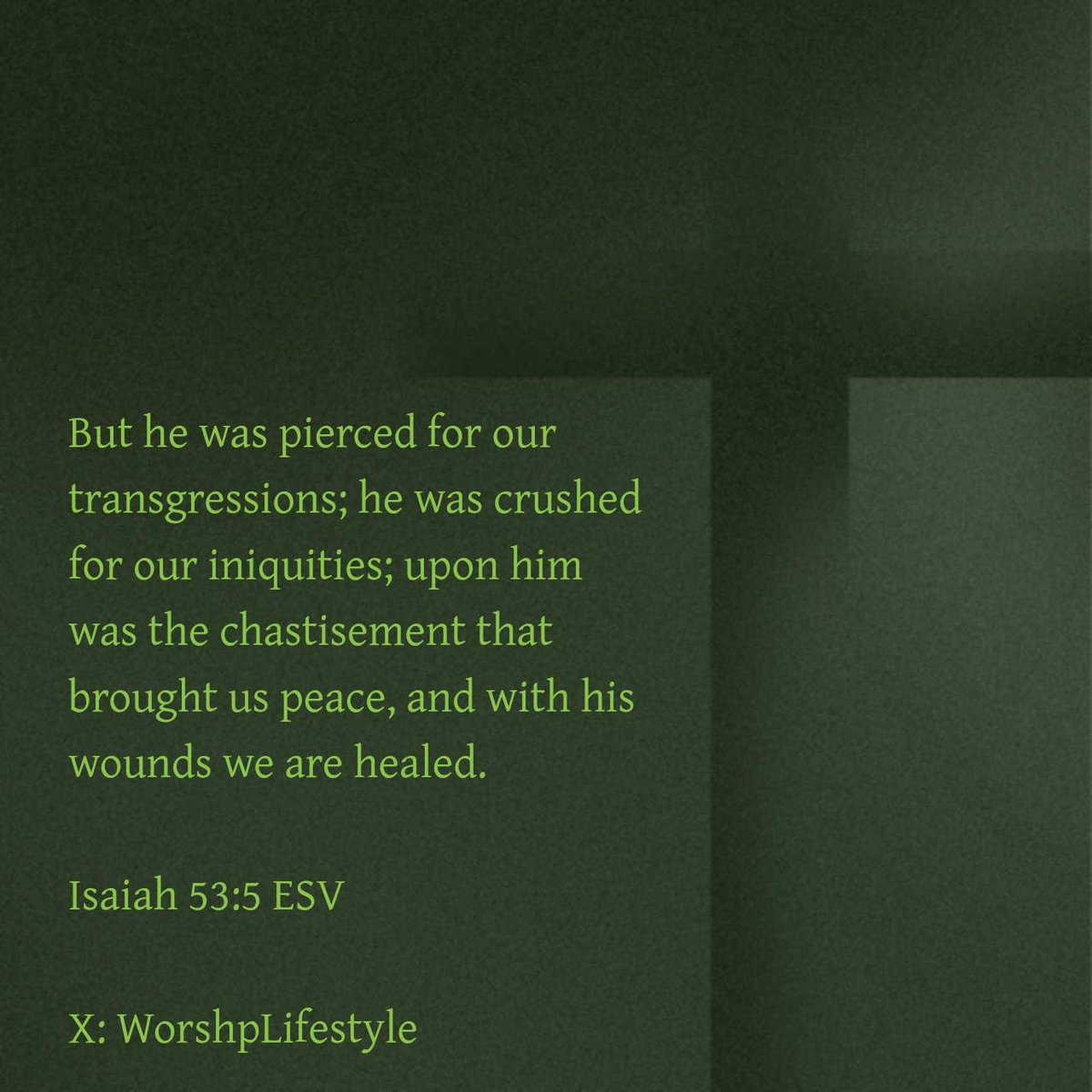 Isaiah 53:5 ESV
But he was pierced for our transgressions; he was crushed for our iniquities; upon him was the chastisement that brought us peace, and with his wounds we are healed.

bible.com/bible/59/isa.5…
#VerseOfTheDay #BibleVerse #WorshpLifestyle #WorshipLifestyle