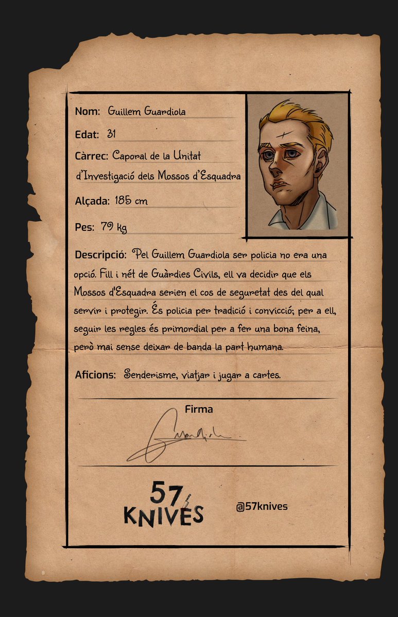 57knives's tweet photo. Tothom preparat!! 👋  Avui us presentem dades i curiositats sobre el vostre company de feina, en Guillem Guardiola. 👮‍♂️ Apreneu-vos bé com és perquè només amb la cooperació podreu resoldre aquest crim 👀 #indiedev #indiegame https://t.co/R2TFsnnLl3