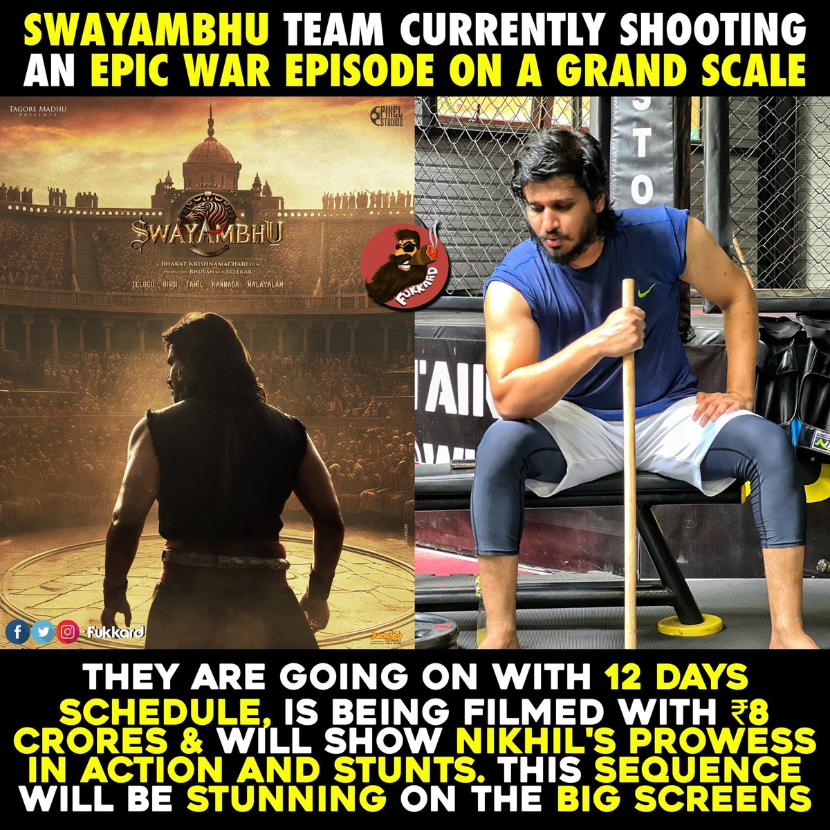 Team #Swayambhu is filming an epic war episode on a grand scale. @actor_Nikhil @iamsamyuktha_ @NabhaNatesh @krishbharat20 @RaviBasrur @PixelStudiosoff