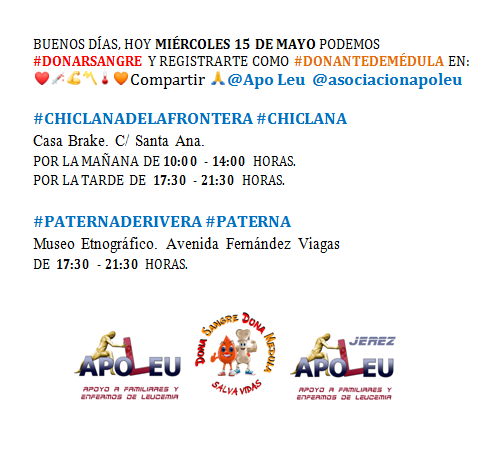 MIÉR. 15 DE MAYO PUEDE #DONARSANGRE Y REGISTRARSE COMO #DONANTEDEMÉDULA
@ApoLeu EN ❤️💉💪〽️🌡🧡RT🙏

#CHICLANADELAFRONTERA #CHICLANA
@ayto_chiclana @deportechiclana @boxchiclana @chiclana @chiclanafm @8chiclana

#PATERNADERIVERA #PATERNA
@PaternaRivera @GPaternaderiv @Pp_Paterna