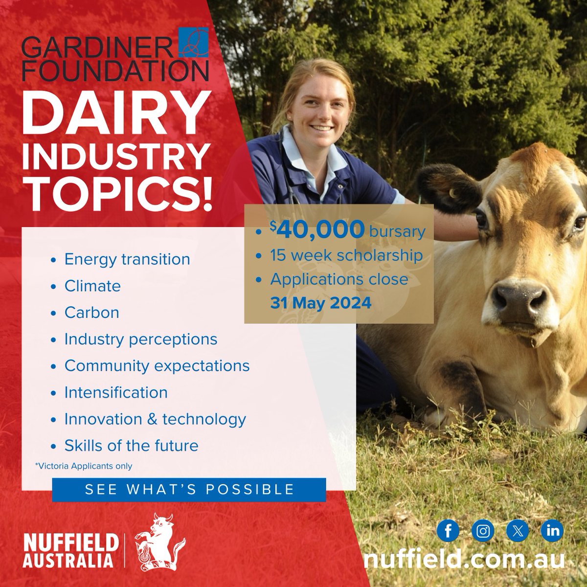 ARE YOU living in a Victorian dairy community or directly involved in the Dairy industry in Victoria, if so apply for a 2025 Nuffield Scholars, generously supported by the Gardiner Foundation Apply today: nuffield.com.au/how-to-apply #nuffieldag #aussiefarmers #futurefarmers #dairy