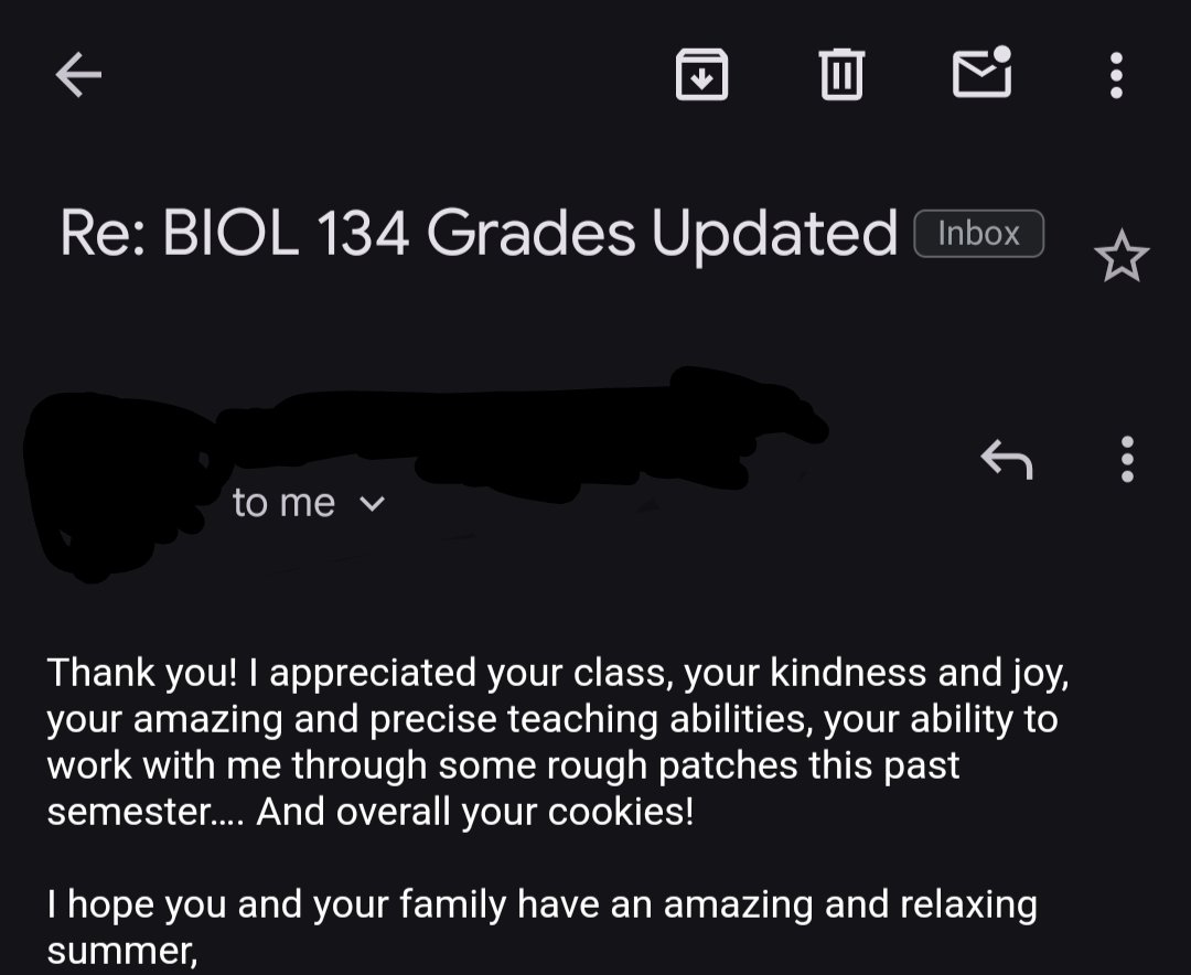 ArthropodQueen's tweet photo. Pro tip: bake your students cookies 😅. This was a lovely student email to wake up to today. A nice reminder of the impact we can have as educators and mentors ☺️. @AcademicChatter @WomenInSTEM @UncAvl https://t.co/dvi22TbB9Q