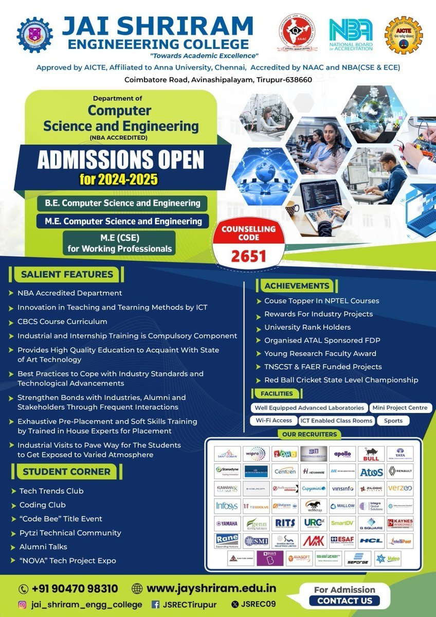 JSREC09's tweet image. Enroll now for undergraduate and postgraduate programs at Jai Shriram Engineering College to seize the best placement prospects tailored to your course.

#jaishriramengineeringcollege #JSREC #college #annauniversity #engineering #student #placement #job #ece #cse #tirupur
